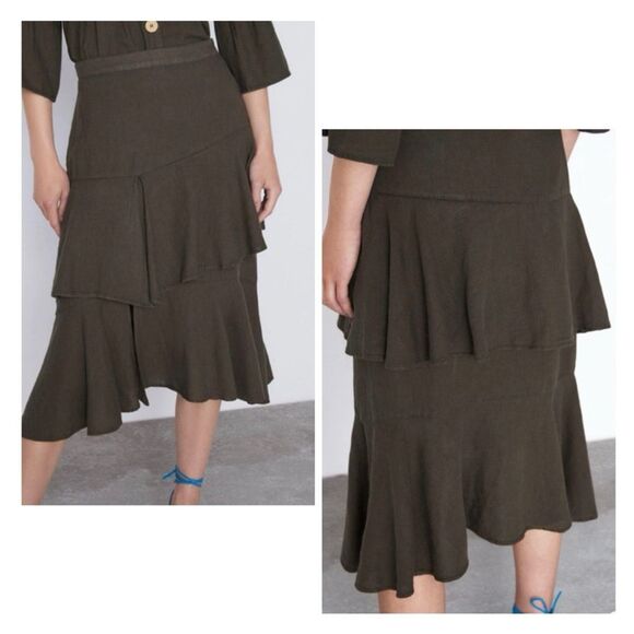 Zara green linen blend ruffle tiered midi skirt women’s size small - Picture 2 of 10